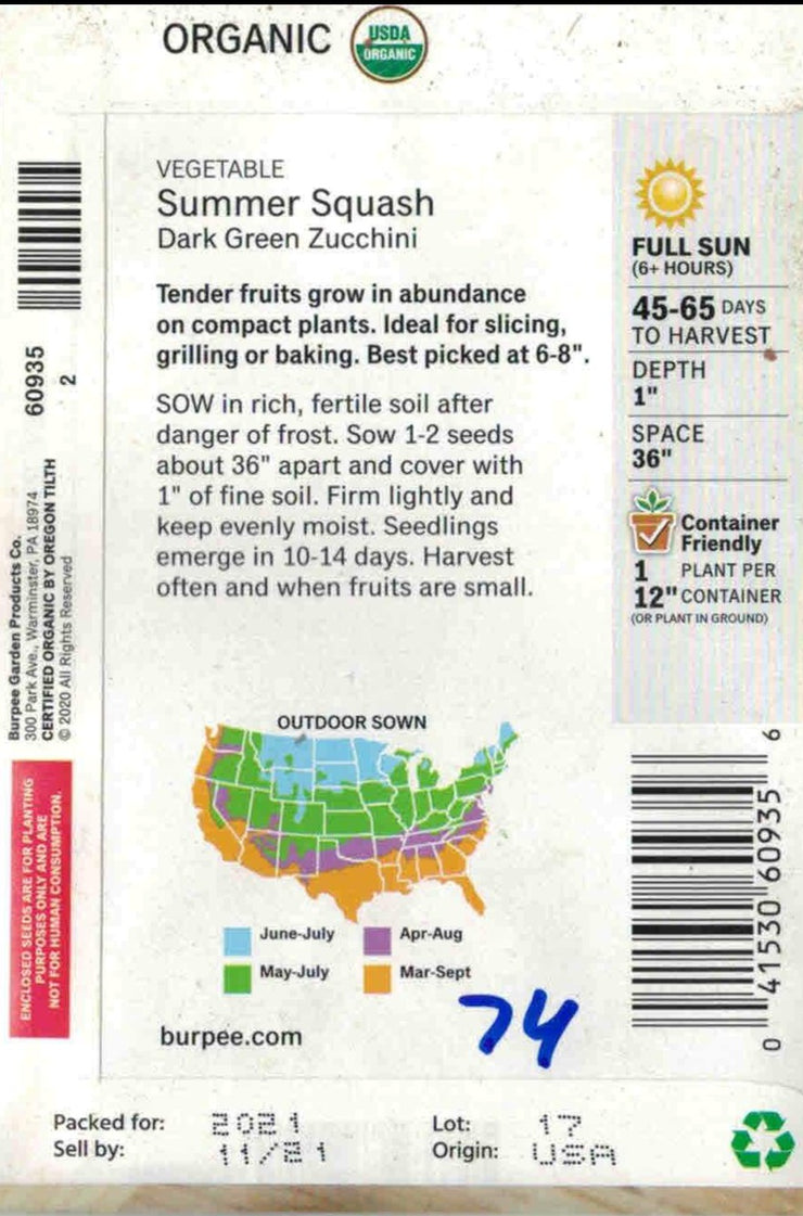 ORGANIC SUMMER SQUASH- Dark Green Zucchini